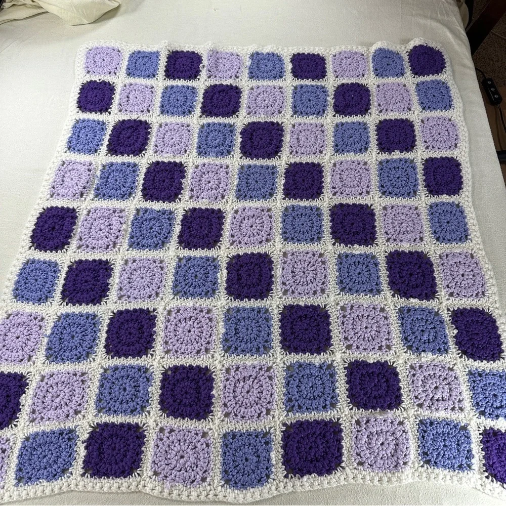 Hand knitted Granny Square Purple and Lavender Crochet Blanket Size 35”x32.5”